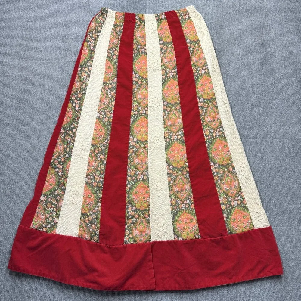 VTG 70s Chessa Davis Velvet Lace Cottagecore Prairie Maxi Skirt Holiday Size M? - Picture 5 of 15